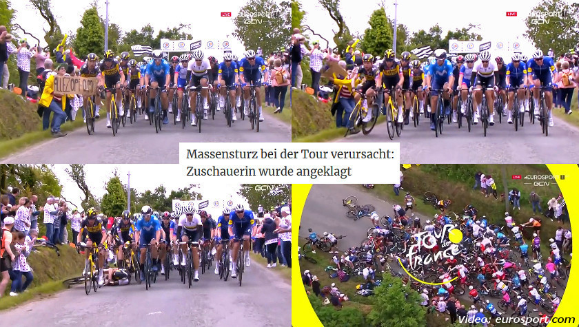 Bildfolge: Massensturz bei der Tour de France 2021 ausgelöst durch eine Zuschauerin ...